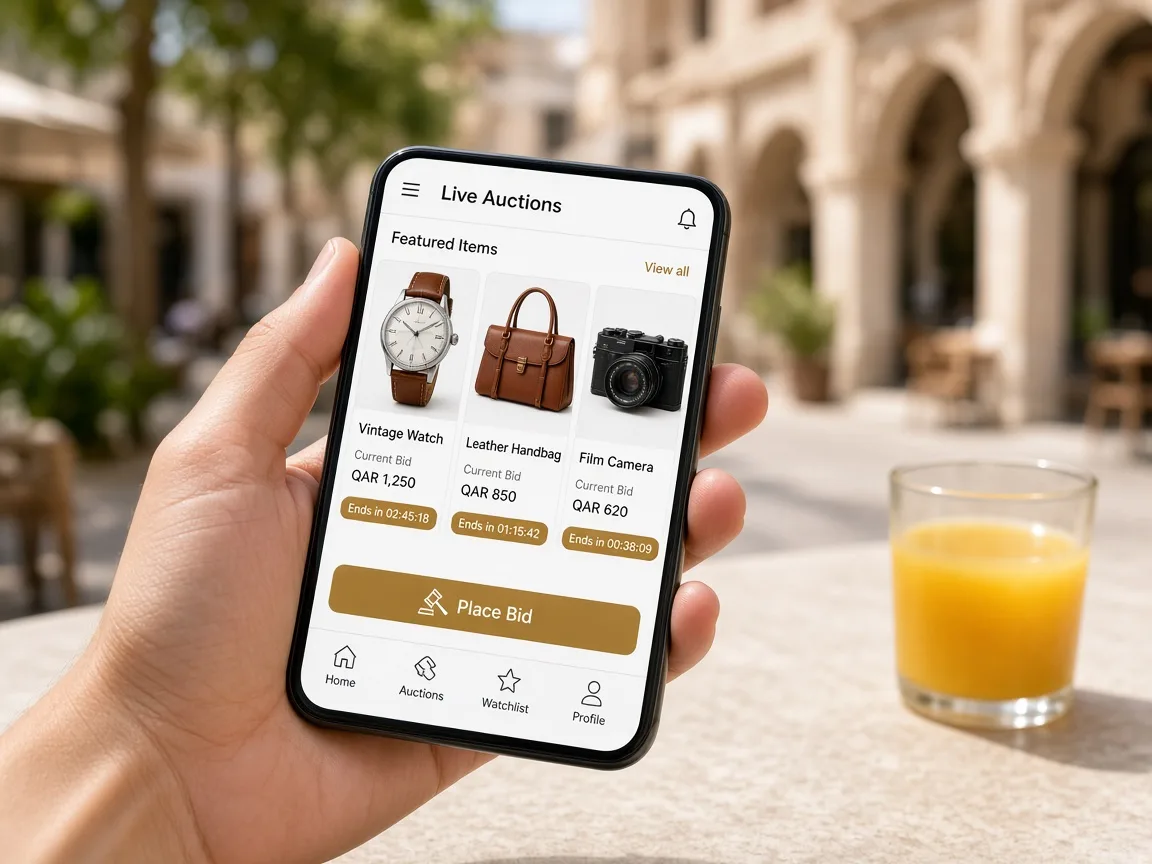 Online auction mobile application showing product listings, bidding prices, and auction countdown timers