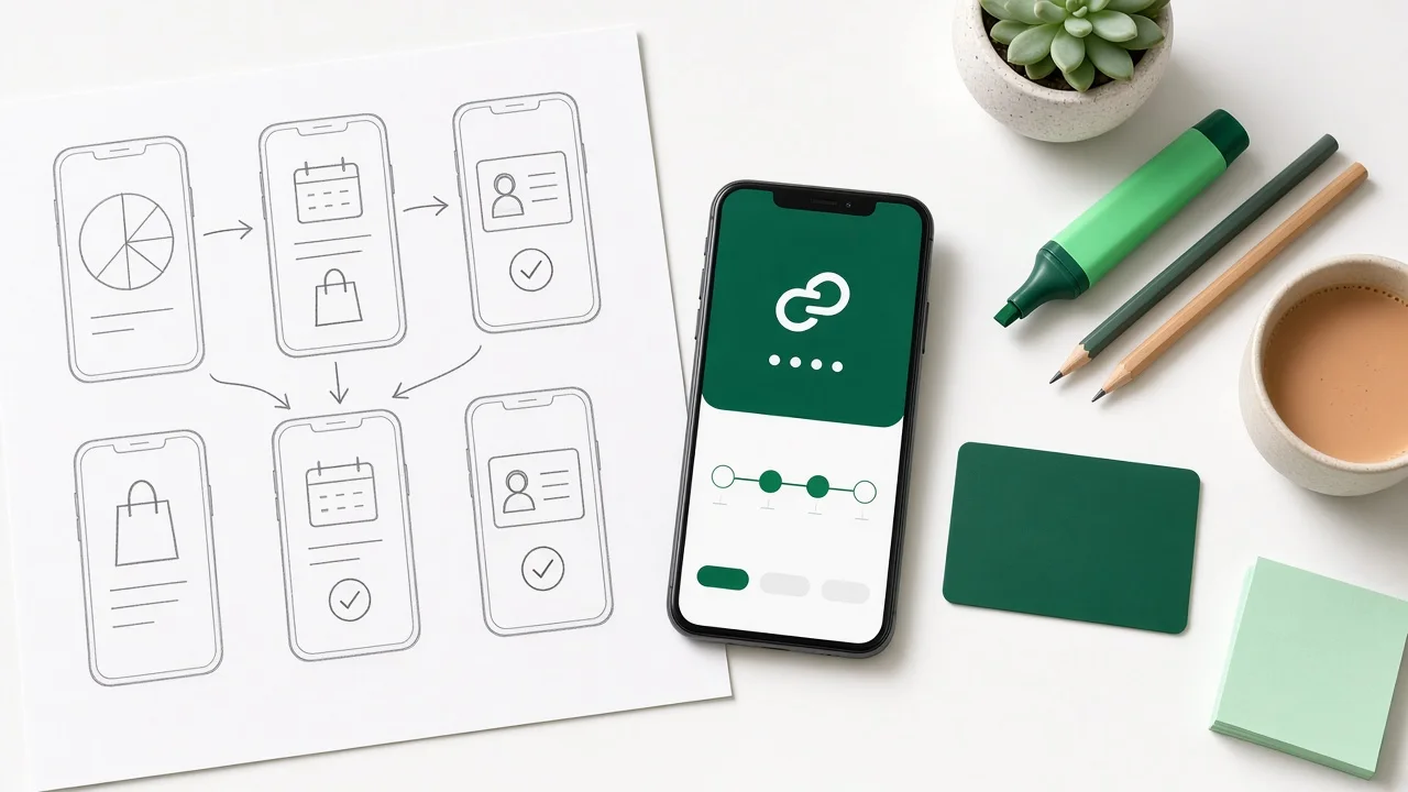 BNPL app wireframes sketched beside a smartphone and a payment card on a desk in Doha