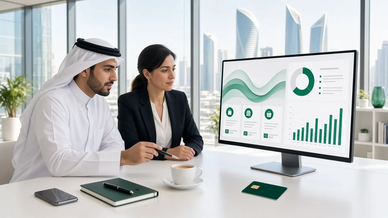 Fintech founders planning a BNPL platform with a development consultant in a bright Lusail office