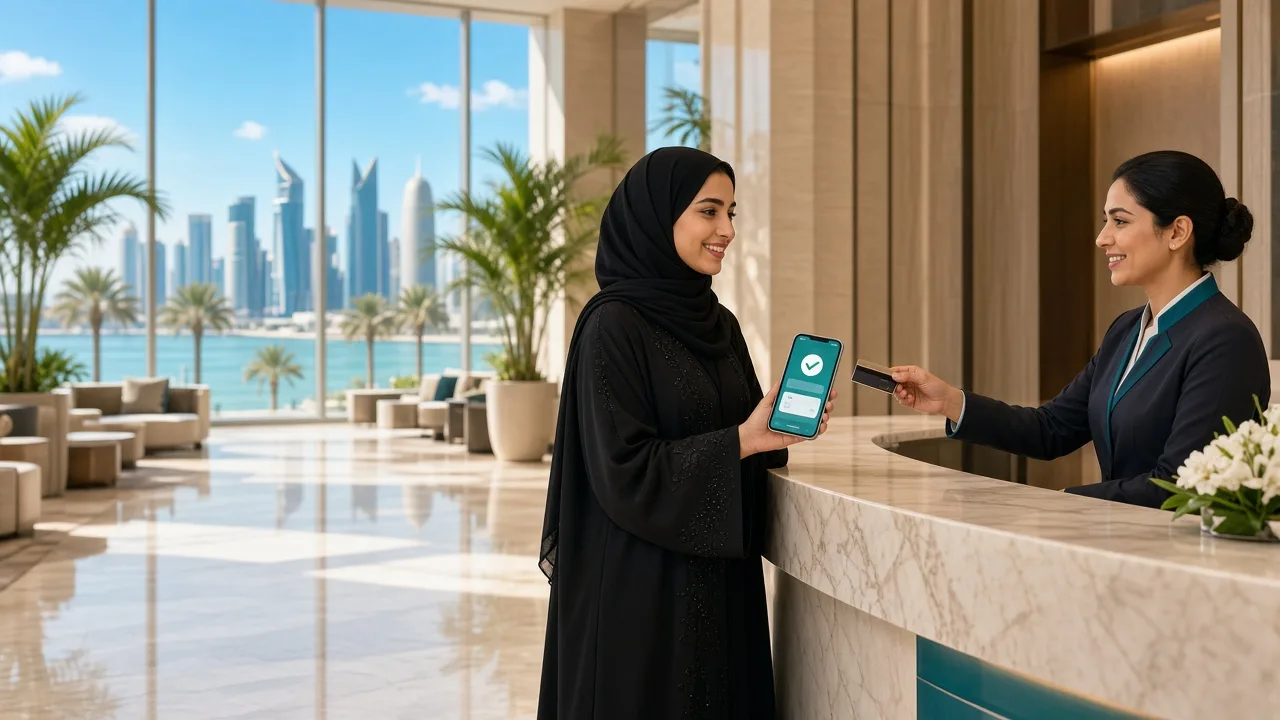 Guest confirming a reservation on a booking app at a bright Doha hotel lobby reception, representing a booking app development company in Qatar