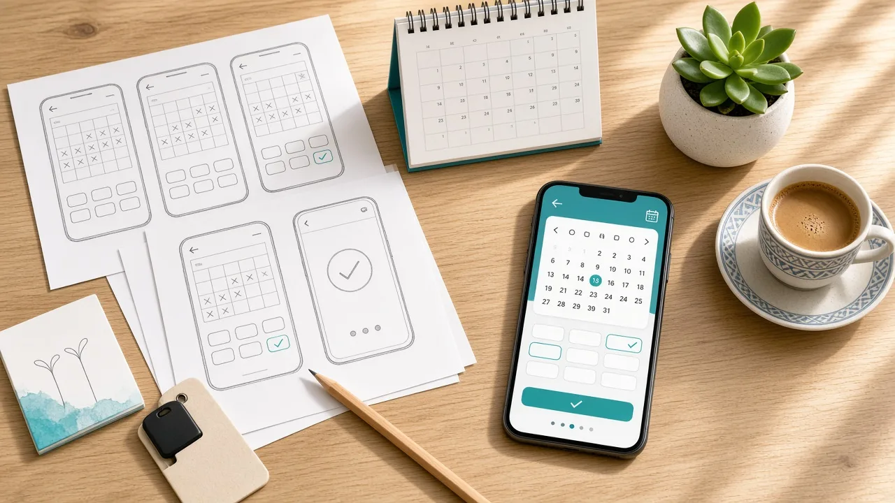 Booking app wireframes sketched beside a smartphone, a desk calendar, and a hotel key card on a desk in Doha