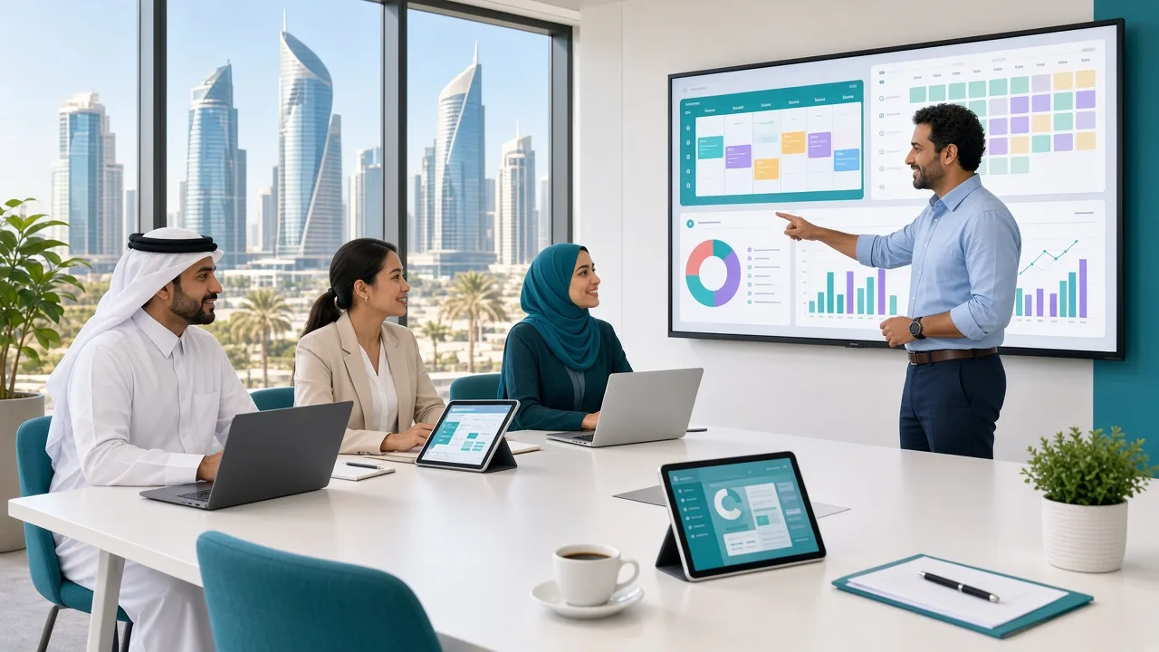 Business owners planning a booking platform with a development consultant in a bright Lusail office