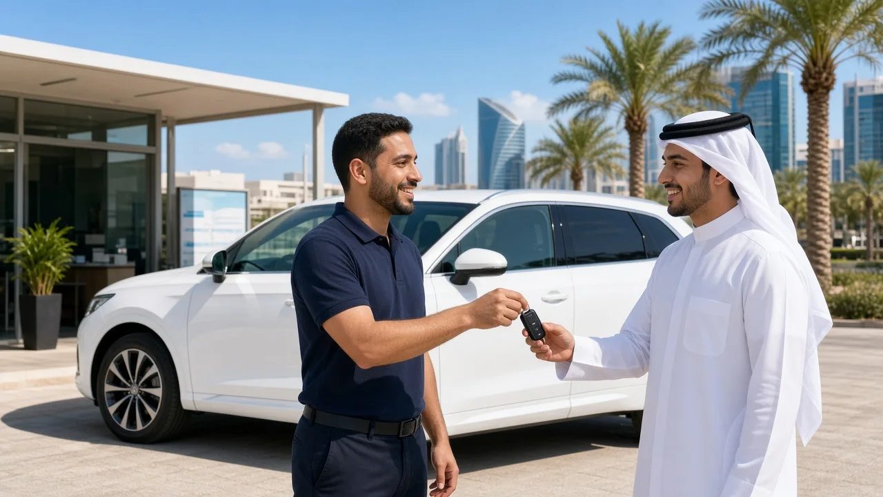 Rental agent handing car keys to a customer beside a white rental SUV at a bright Doha branch, representing a car rental app development company in Qatar