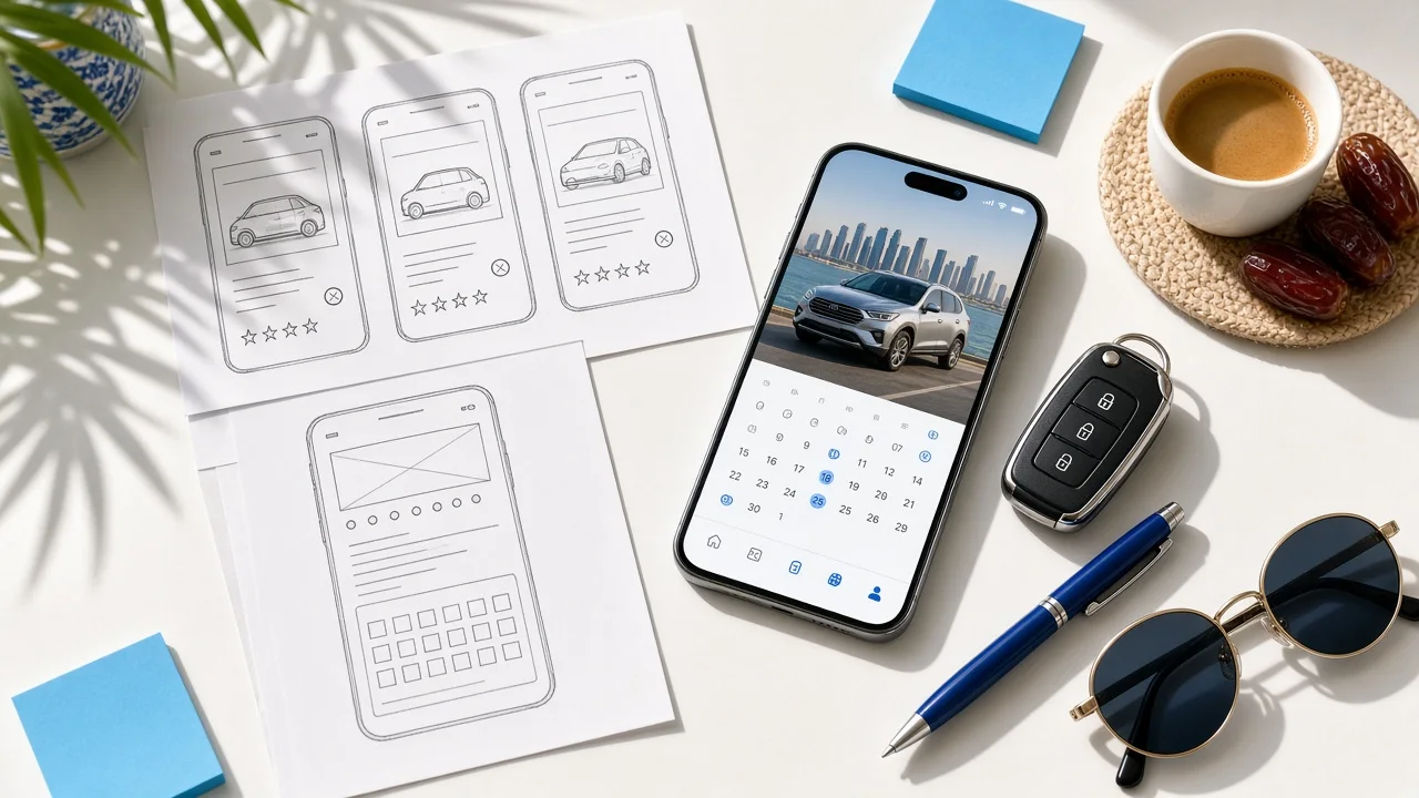 Car rental app wireframes sketched beside a smartphone and a car key on a desk in a bright Doha office