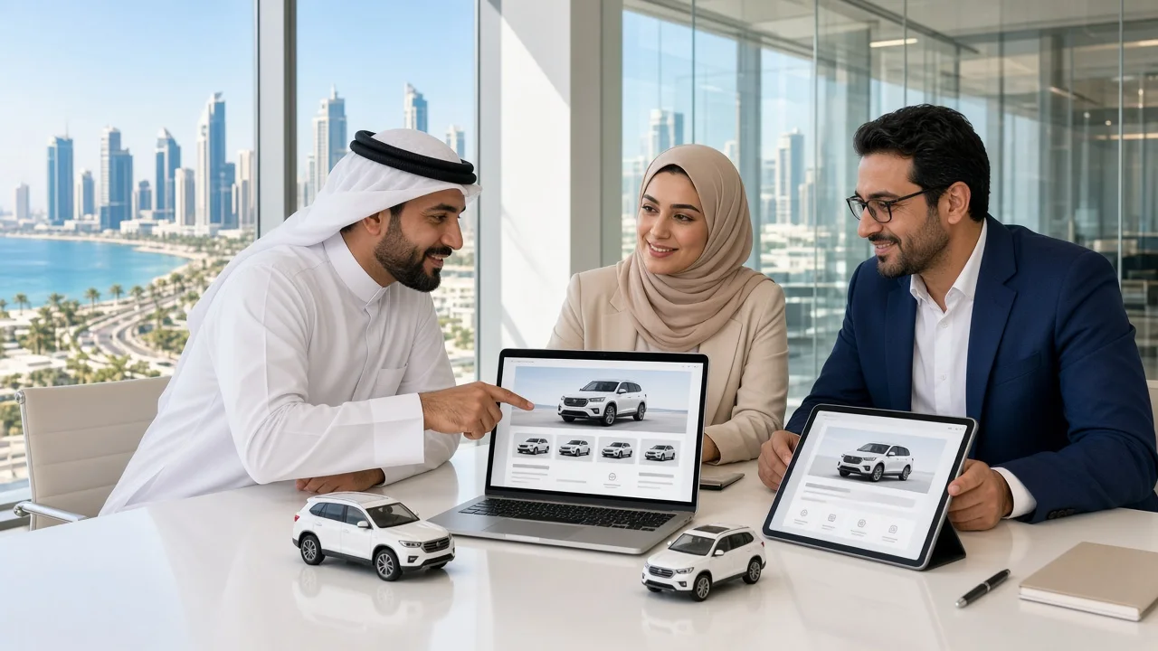 Car rental business owners planning a booking app with a development consultant in a bright Lusail office