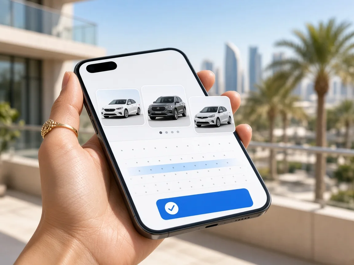 Car rental booking application showing vehicle categories, rental dates, and reservation confirmation screens