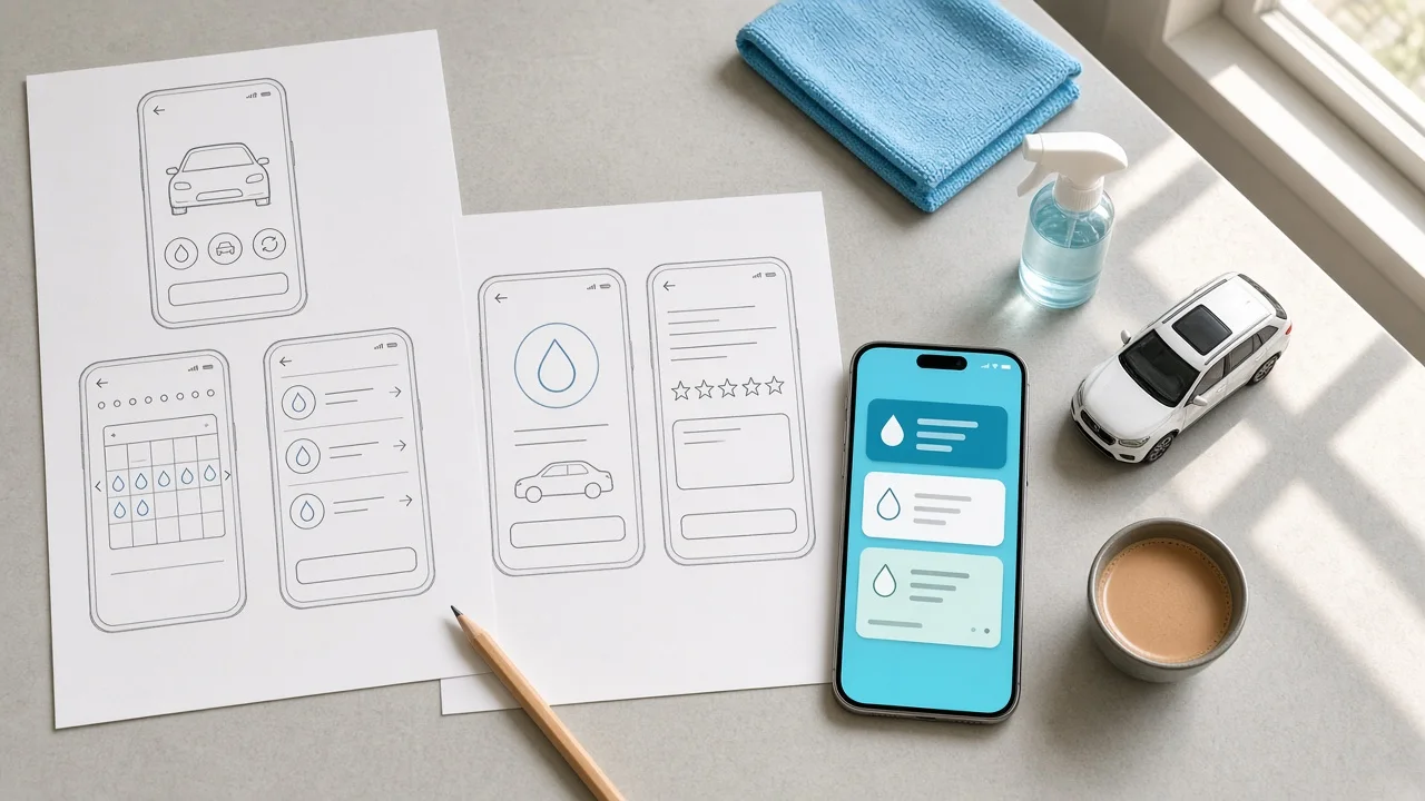 Car wash app wireframes sketched beside a smartphone and a microfiber cloth on a desk in a bright Doha office