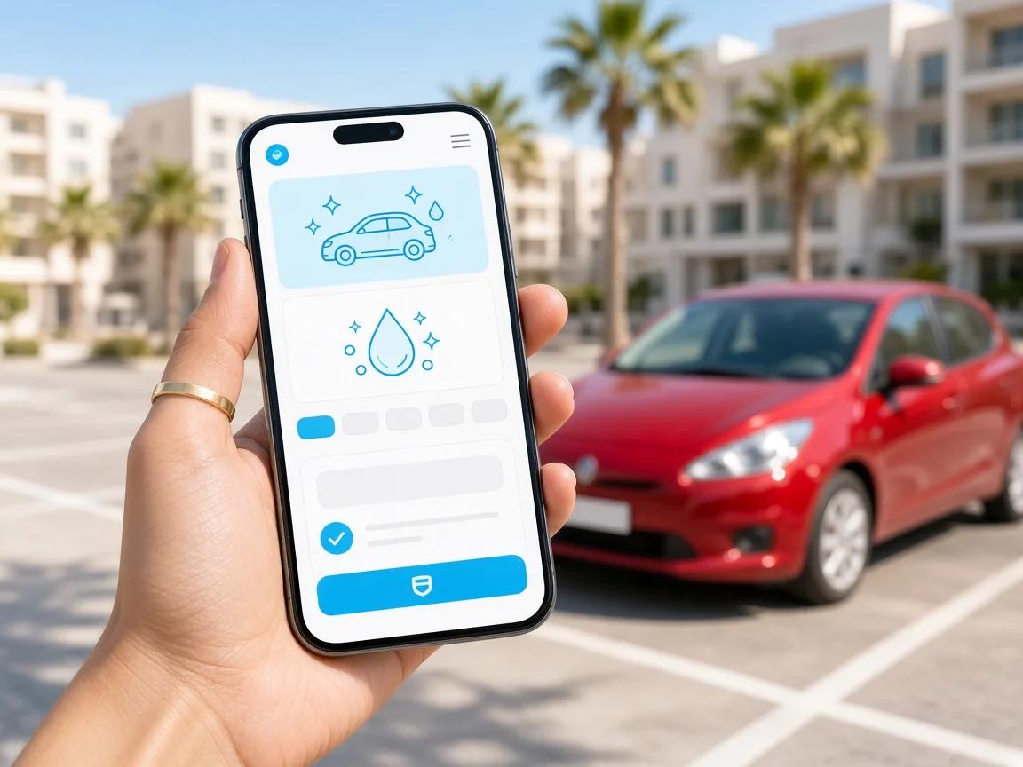 Car wash booking mobile application showing cleaning services, appointment slots, and payment options