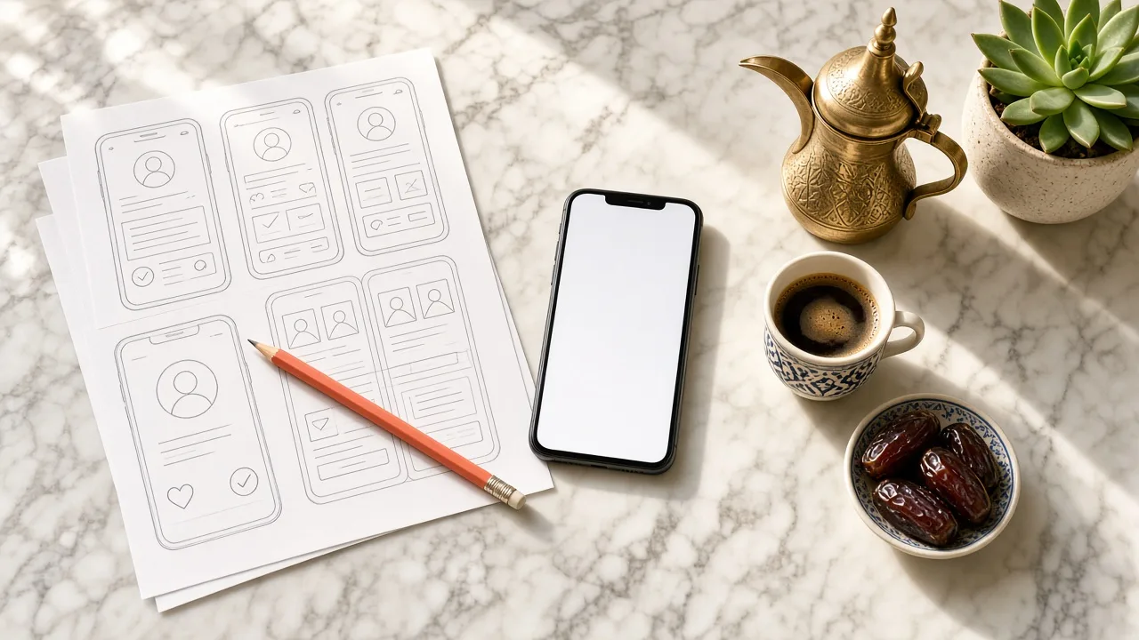 Dating app wireframes sketched beside a smartphone, dates, and a cup of Arabic coffee on a desk in Doha
