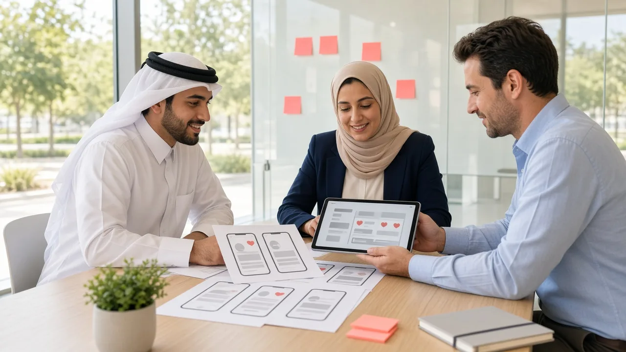 Startup founders planning a dating app with a development consultant in a bright Lusail office