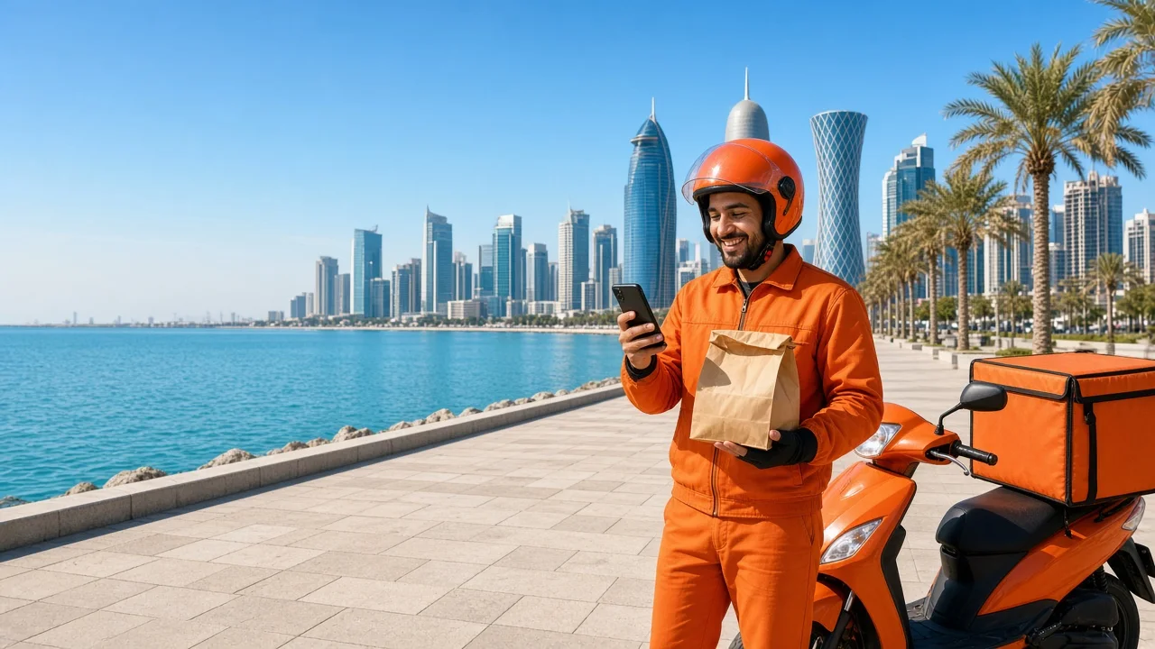 Food delivery rider in Doha with the West Bay skyline, representing a food delivery app development company in Qatar