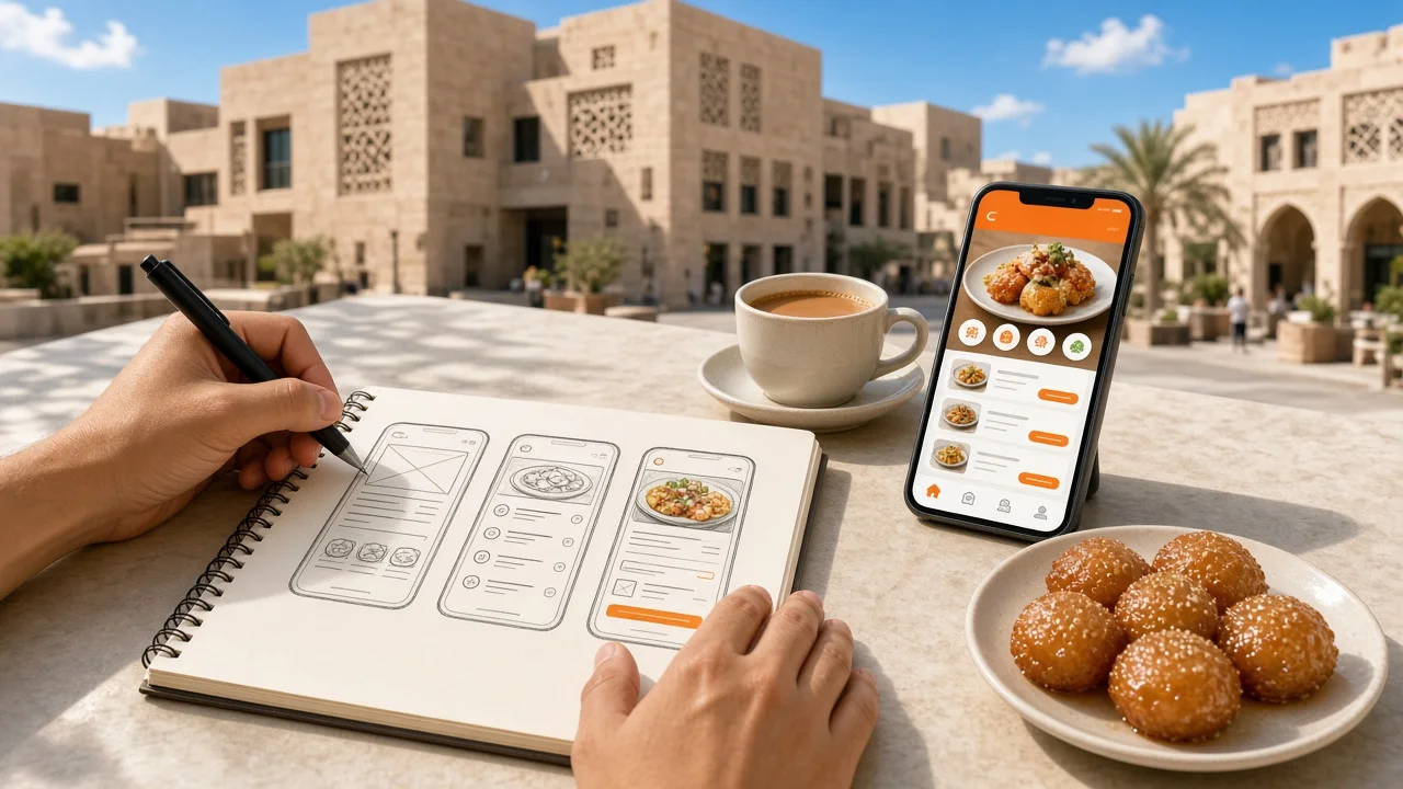 Food delivery app idea shown on a smartphone at a bright cafe on the Doha Corniche