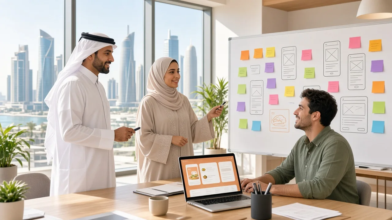 Food delivery app planning session with a development team in a bright Doha office