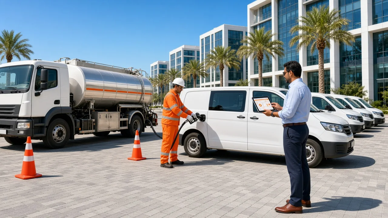Uniformed fuel delivery technician beside a compact fuel delivery truck refueling a commercial fleet vehicle at an approved Doha business site while the order is confirmed on a tablet, representing a fuel delivery app development company in Qatar