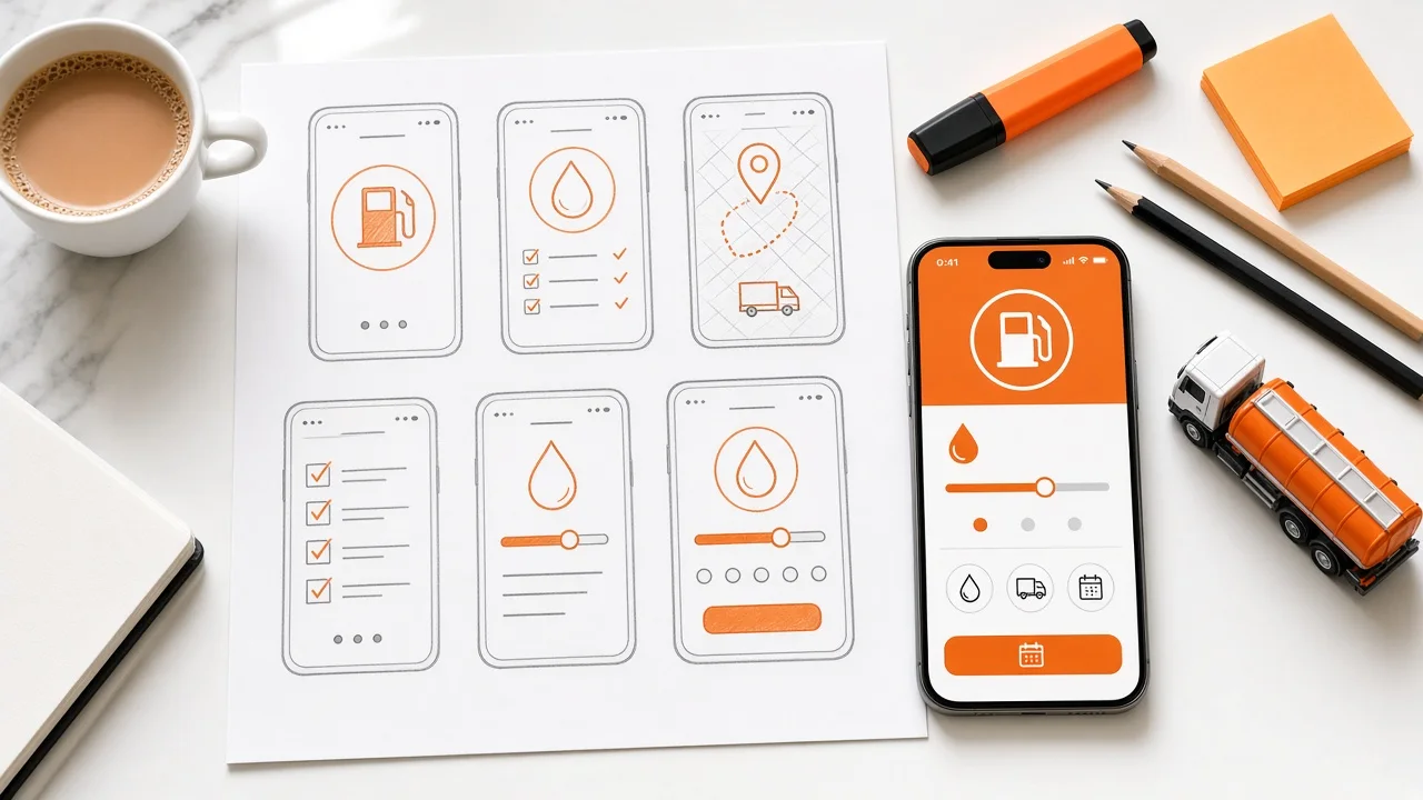 Fuel delivery app wireframes sketched beside a smartphone and a model delivery truck on a desk in Doha