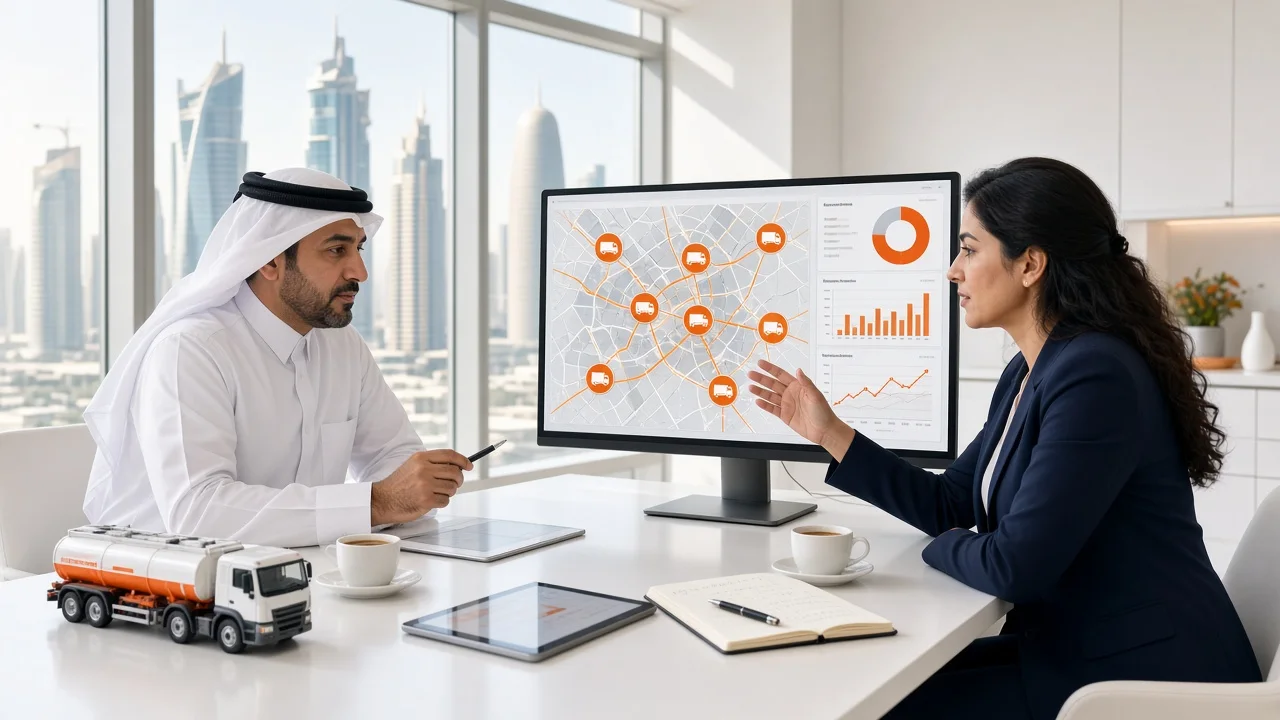 Fuel distribution managers planning a delivery platform with a development consultant in a bright Lusail office