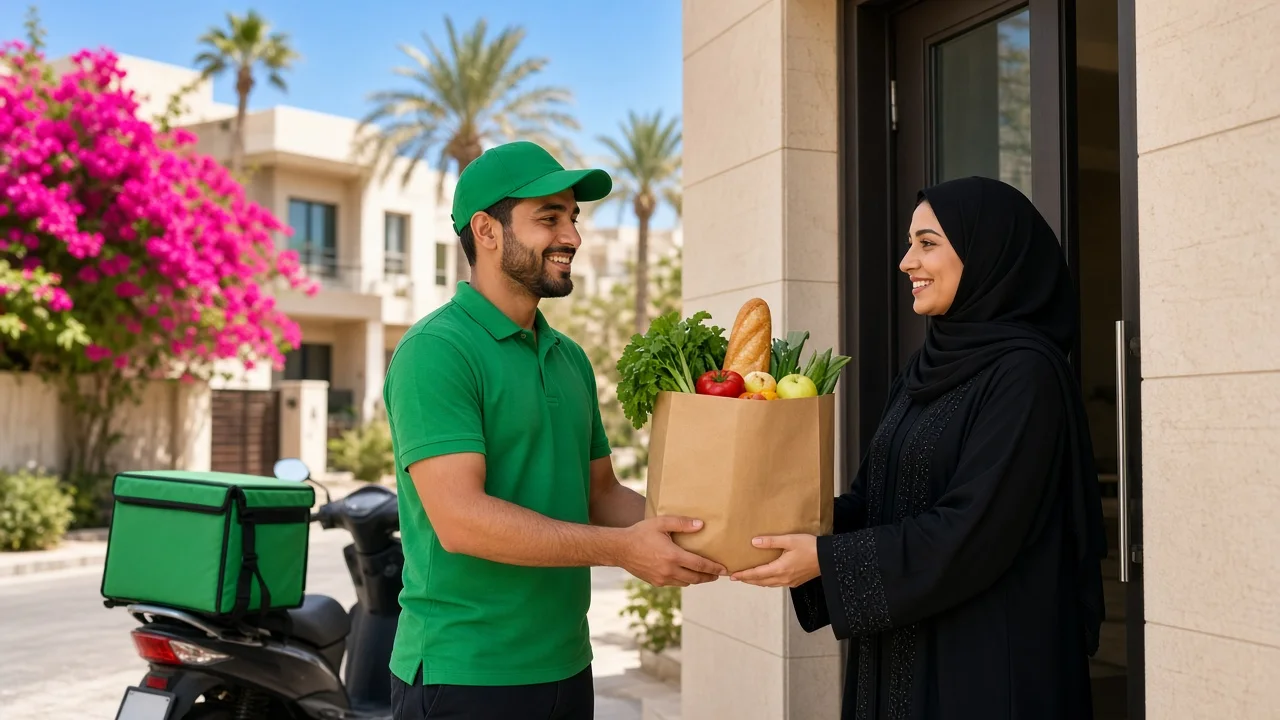Grocery delivery rider handing a fresh grocery bag to a customer at a Doha villa doorstep, representing a grocery delivery app development company in Qatar