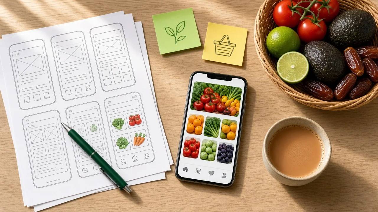 Grocery app wireframes sketched beside a smartphone and a basket of fresh produce on a desk in a bright Doha office