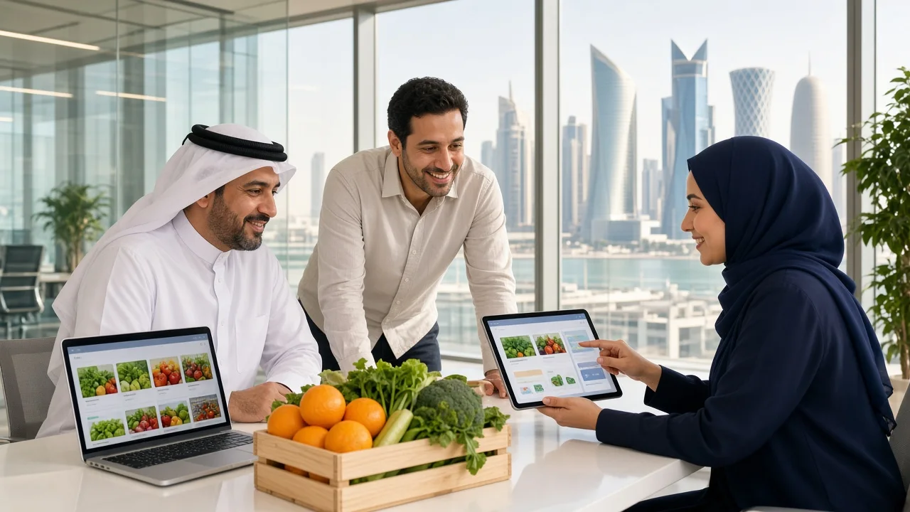 Supermarket owners planning a grocery delivery app with a development consultant in a bright Lusail office