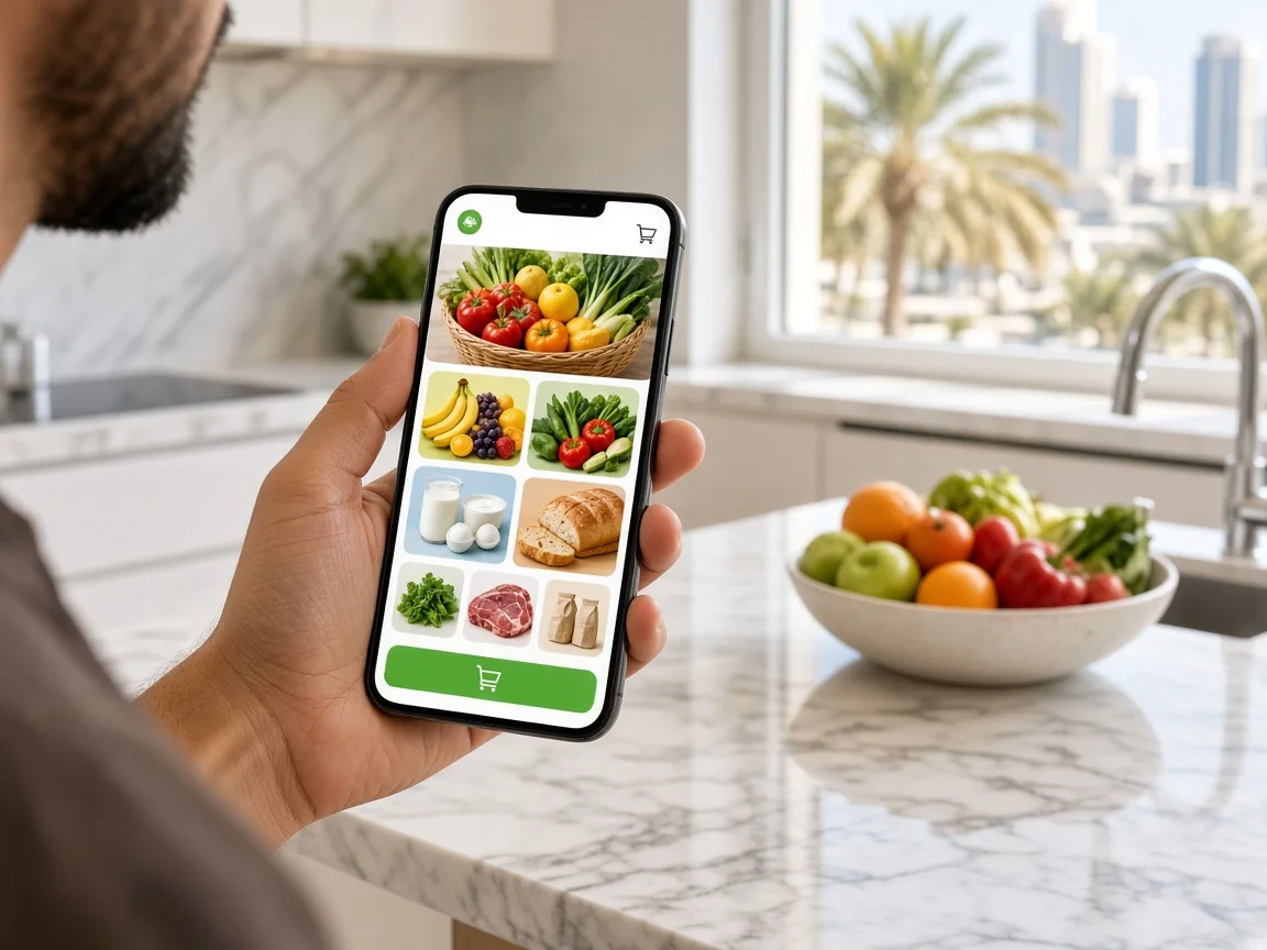 Custom grocery delivery application displaying product categories, shopping cart, and checkout screens
