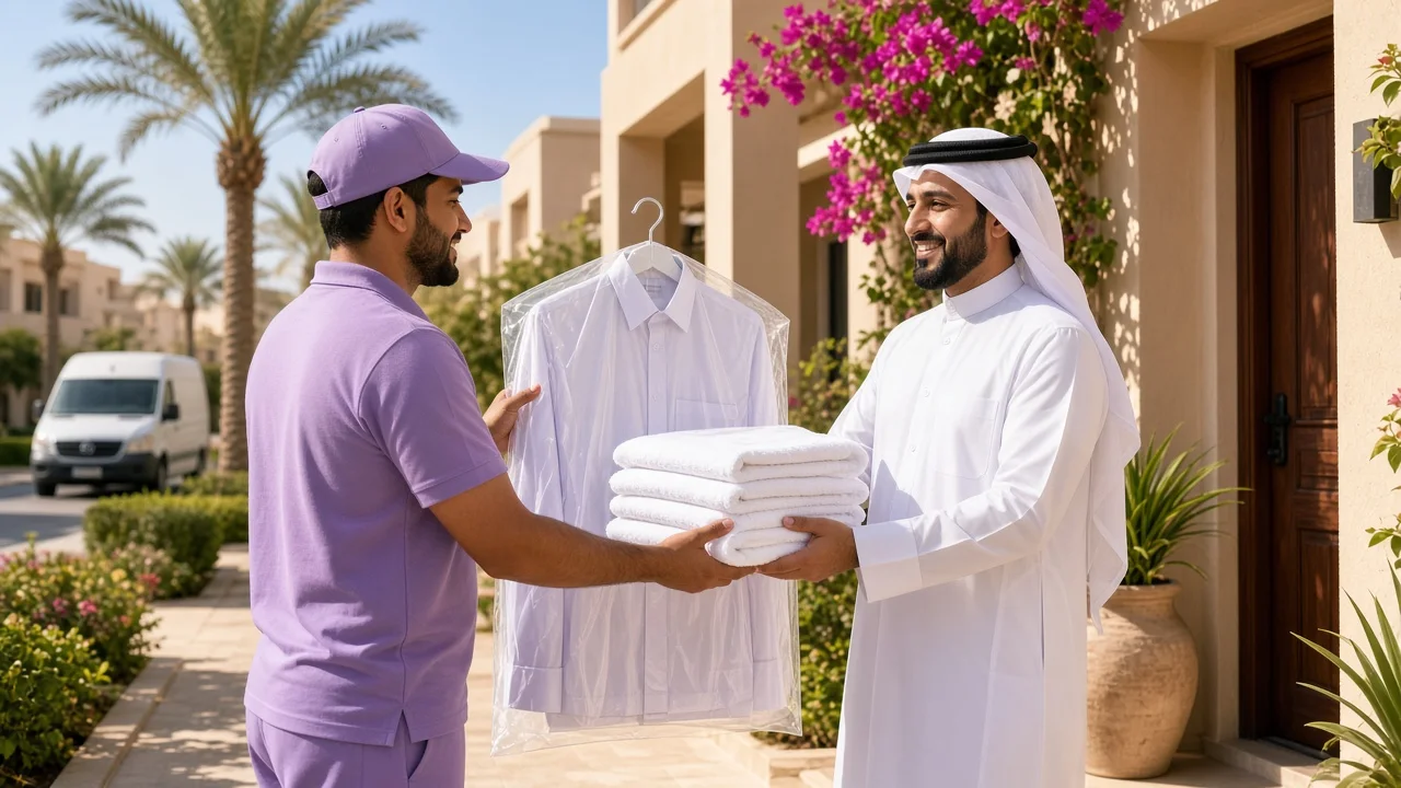 Laundry pickup partner handing freshly cleaned garments in a garment bag to a customer at a bright Doha villa doorstep, representing a laundry app development company in Qatar