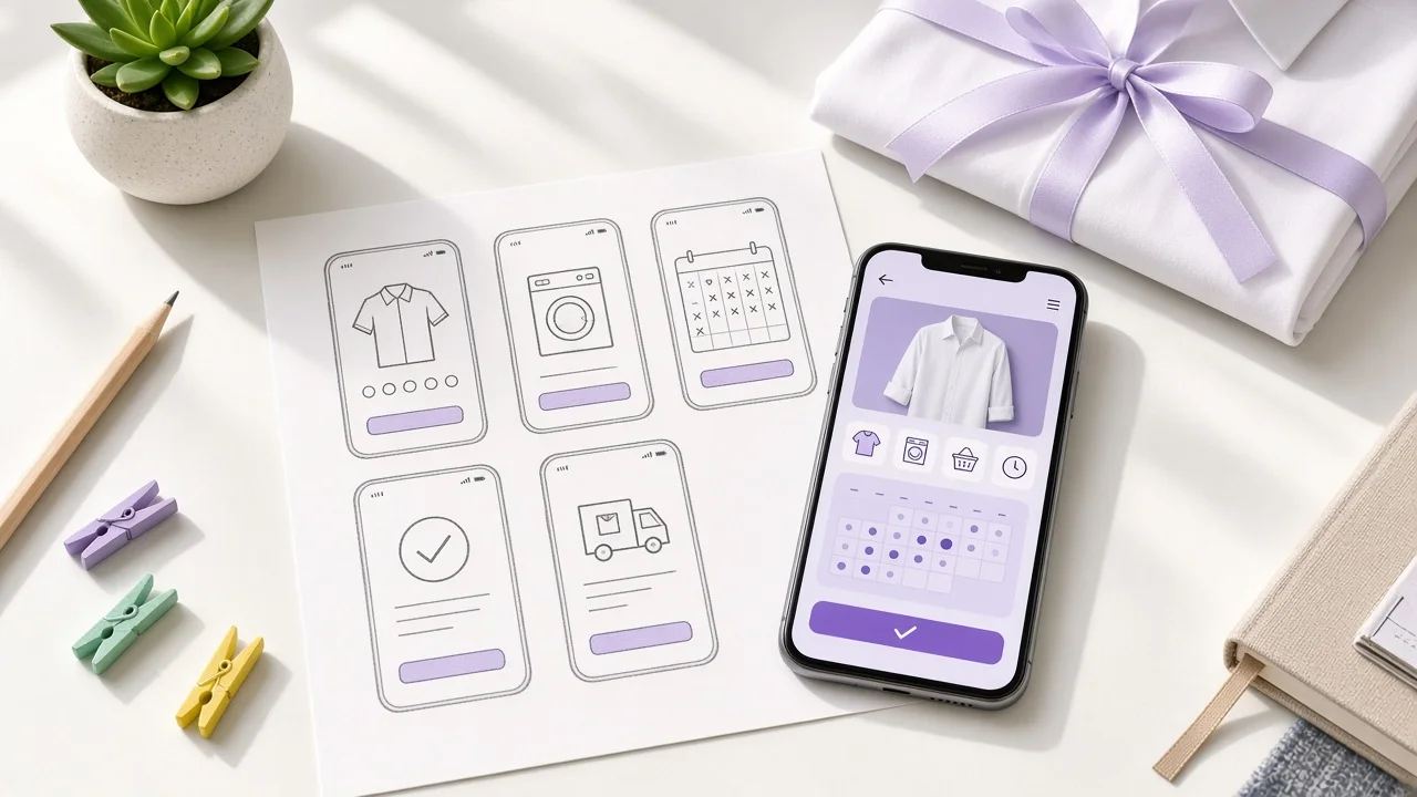 Laundry app wireframes sketched beside a smartphone and neatly folded shirts on a desk in a bright Doha office