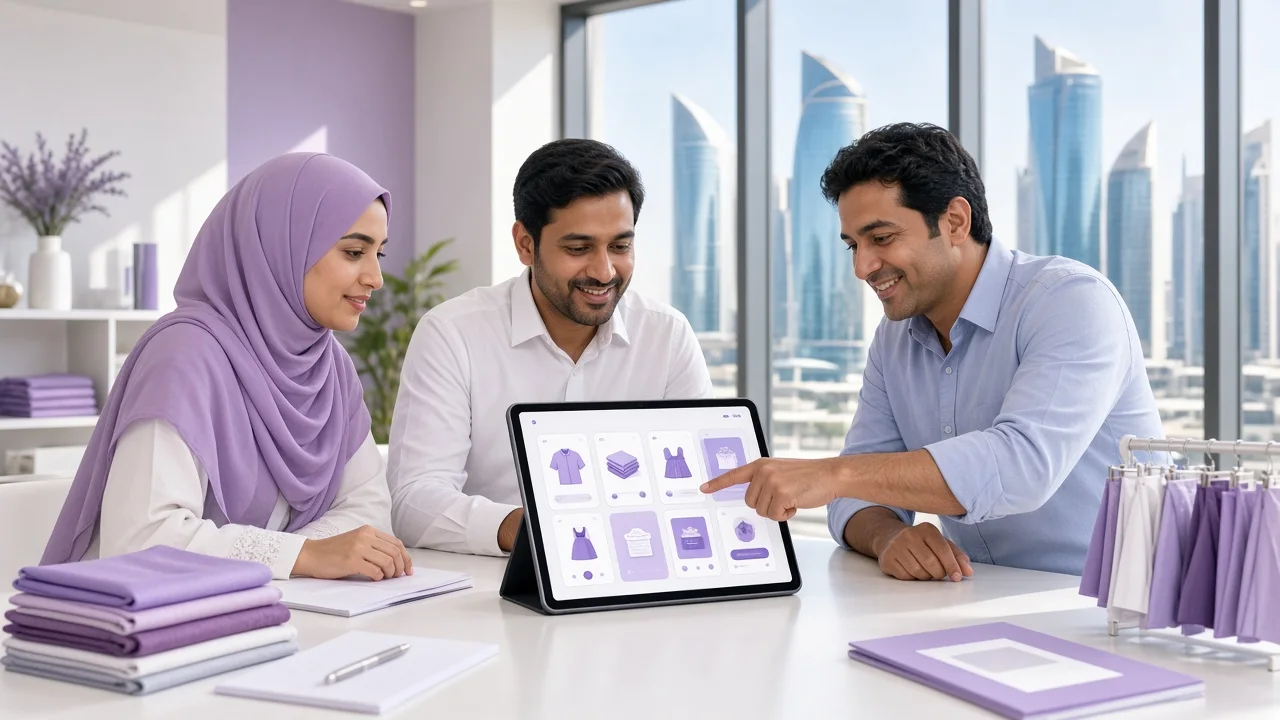 Laundry business owners planning a booking app with a development consultant in a bright Lusail office