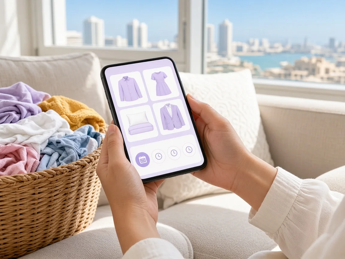 Custom laundry booking application displaying cleaning services, garment selection, and pickup scheduling