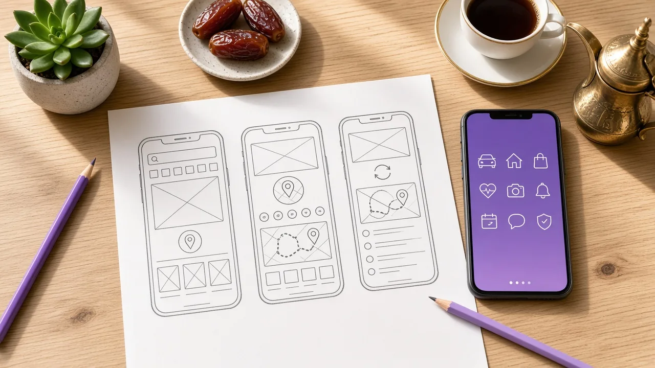 On demand app wireframes sketched beside a smartphone and a cup of Arabic coffee on a desk in Doha