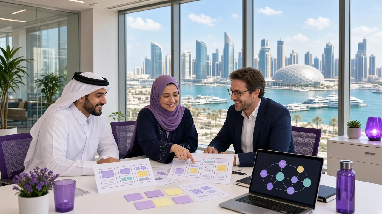 Startup founders planning an on demand marketplace app with a development consultant in a bright Lusail office