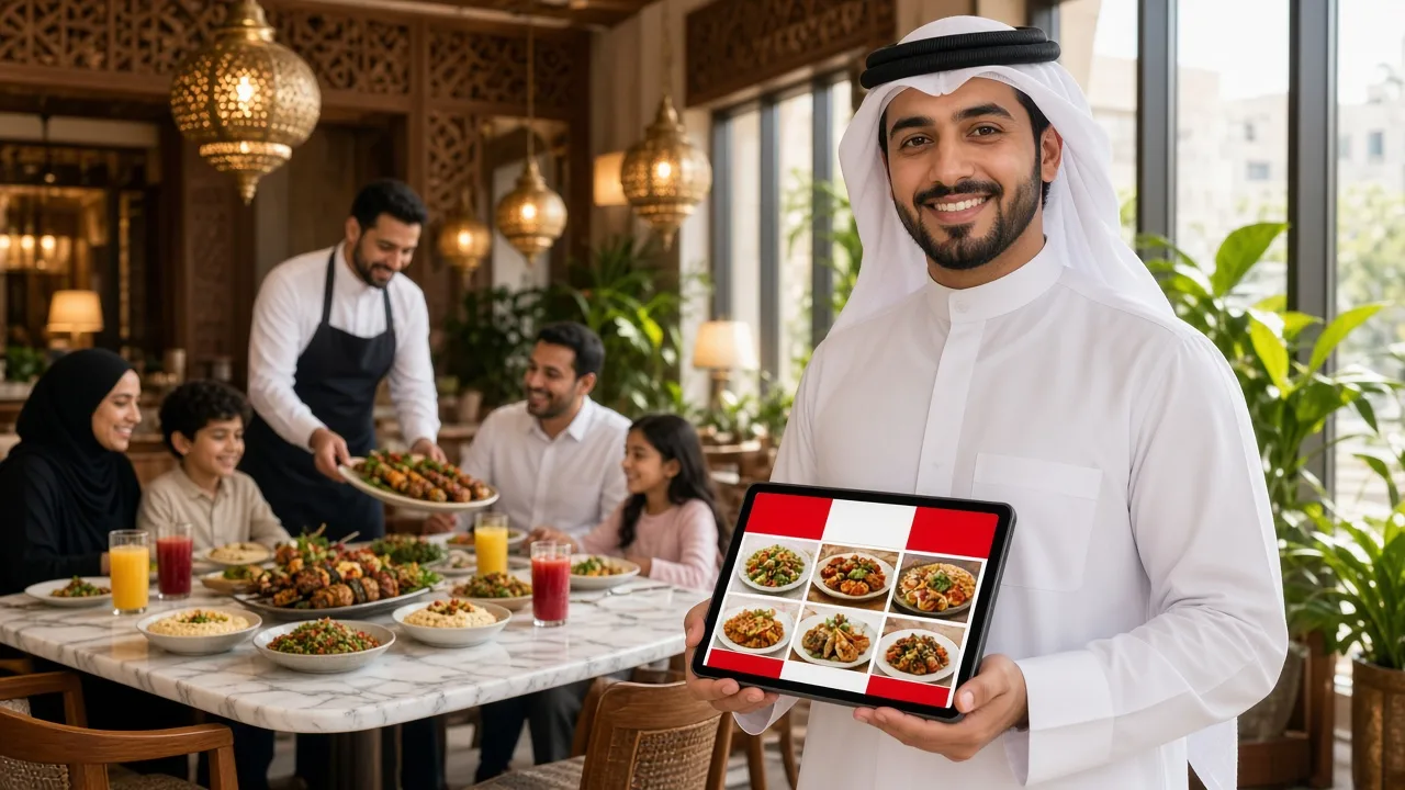 Restaurant manager taking an order on a POS tablet in a bright modern Doha restaurant, representing a restaurant software development company in Qatar