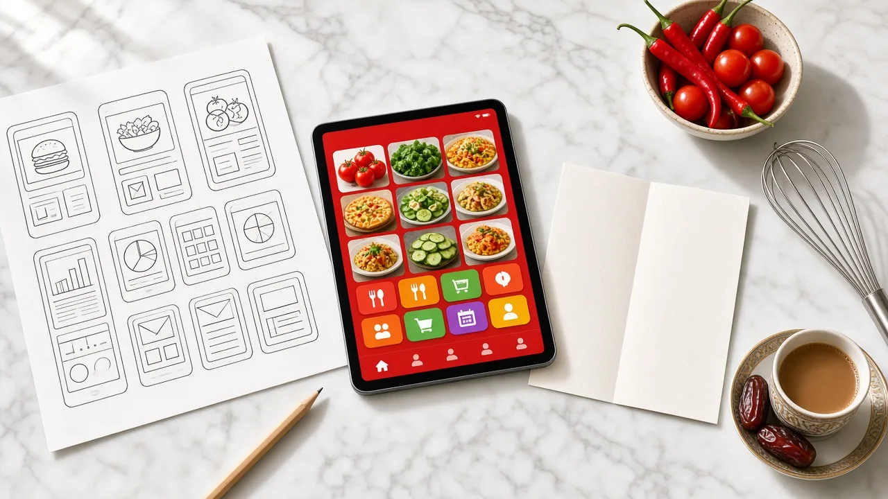 Restaurant software wireframes sketched beside a tablet, a menu card, and a cup of Arabic coffee on a desk in Doha