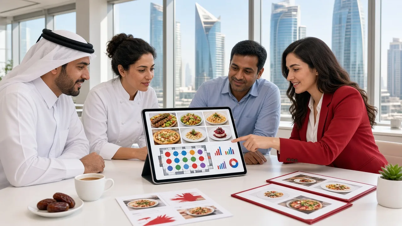 Restaurant owners planning restaurant management software with a development consultant in a bright Lusail office