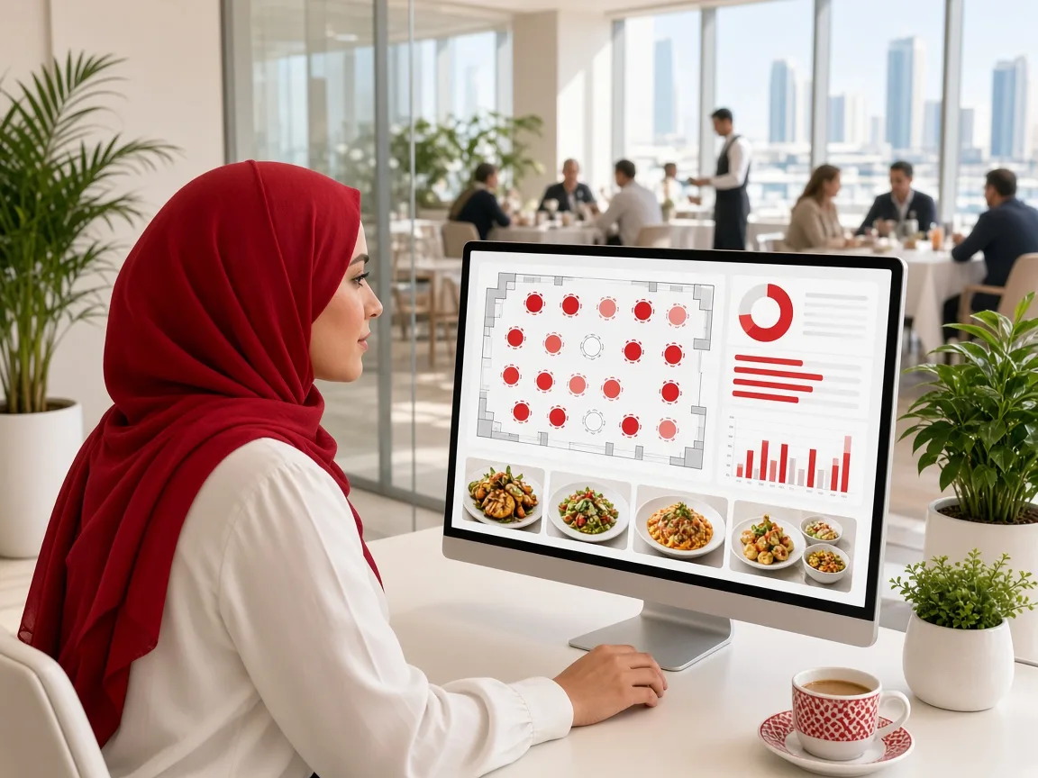 Restaurant management software dashboard displaying customer orders, tables, inventory, and sales reports