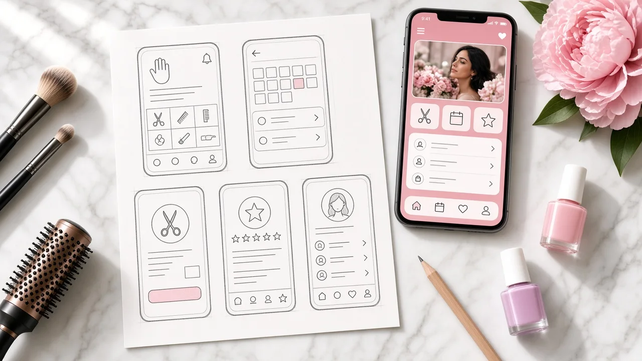 Salon booking app wireframes sketched beside a smartphone, styling brushes, and nail polish on a desk in Doha
