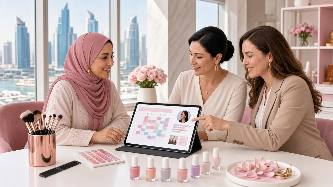 Salon owners planning a booking app with a development consultant in a bright Lusail office