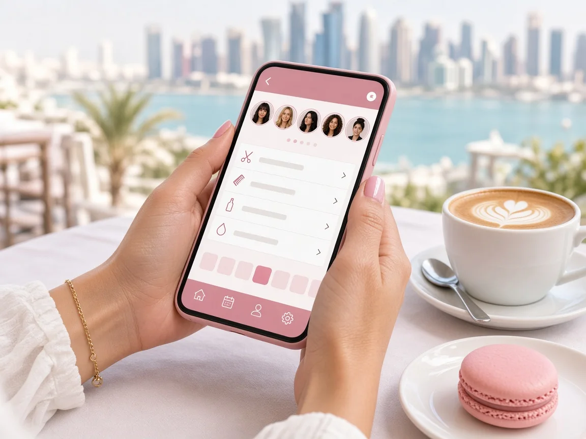Custom salon booking application showing beauty services, stylist profiles, and appointment scheduling screens