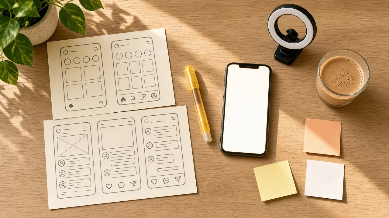 Social media app wireframes sketched beside a smartphone, a mini ring light, and karak tea on a desk in Doha