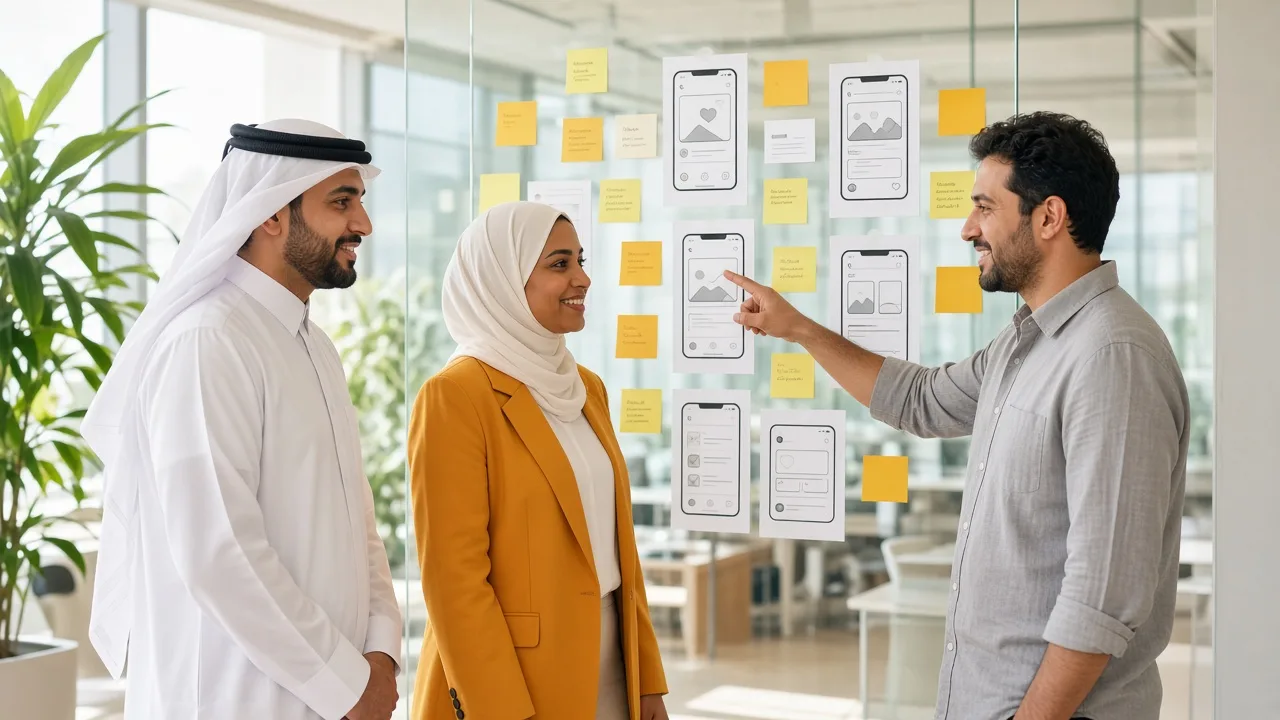 Startup founders mapping a social media app with a development consultant in a bright Lusail office