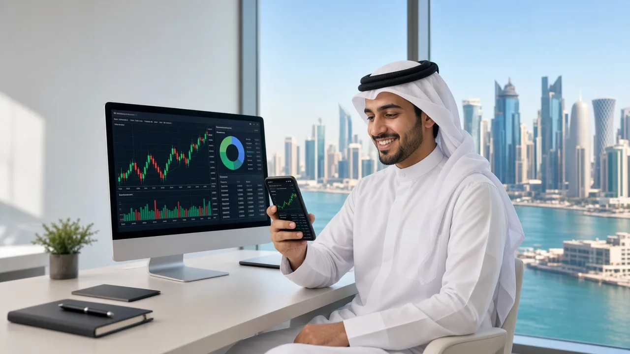 Investor reviewing live stock charts and a portfolio dashboard on a trading app in a bright Doha office, representing a stock trading app development company in Qatar