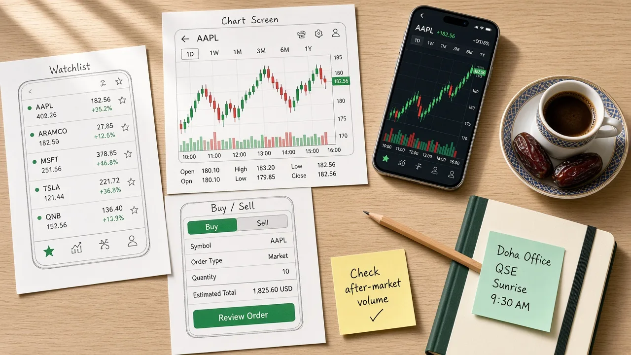 Stock trading app wireframes and candlestick chart sketches beside a smartphone and Arabic coffee on a desk in Doha