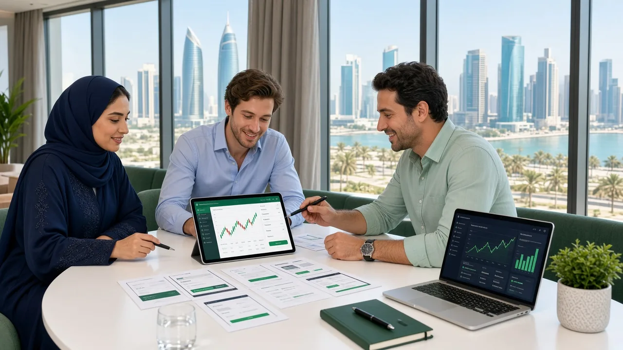 Fintech founders planning a stock trading platform with a development consultant in a bright Lusail office