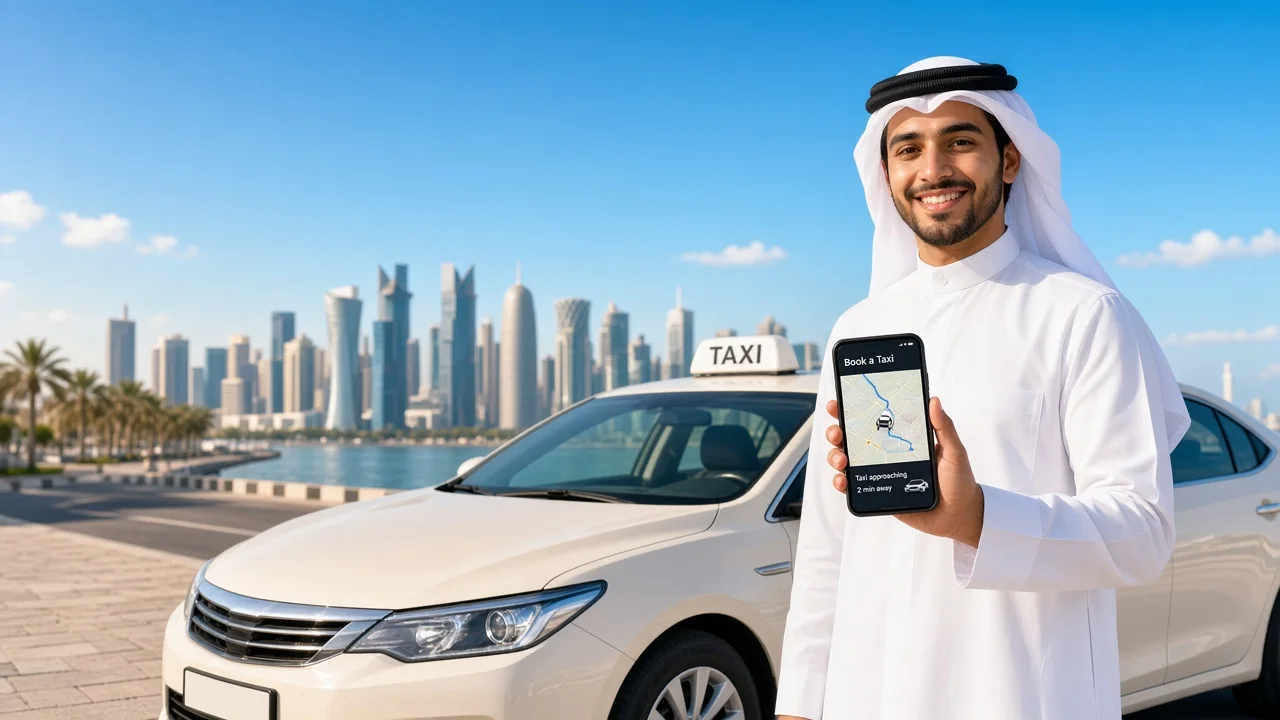 Passenger booking a taxi on a smartphone in Doha with the West Bay skyline, representing a taxi booking app development company in Qatar