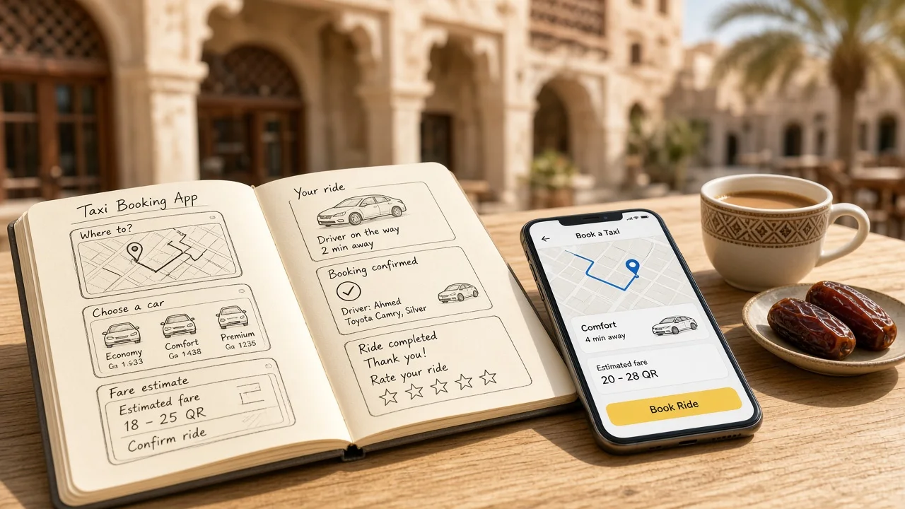 Taxi booking app idea sketched next to a smartphone at a bright cafe in Doha