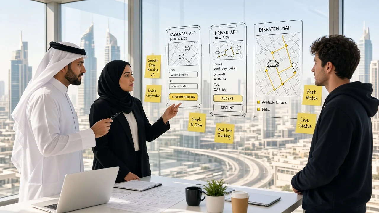 Taxi booking app planning session with a development team in a bright Lusail office