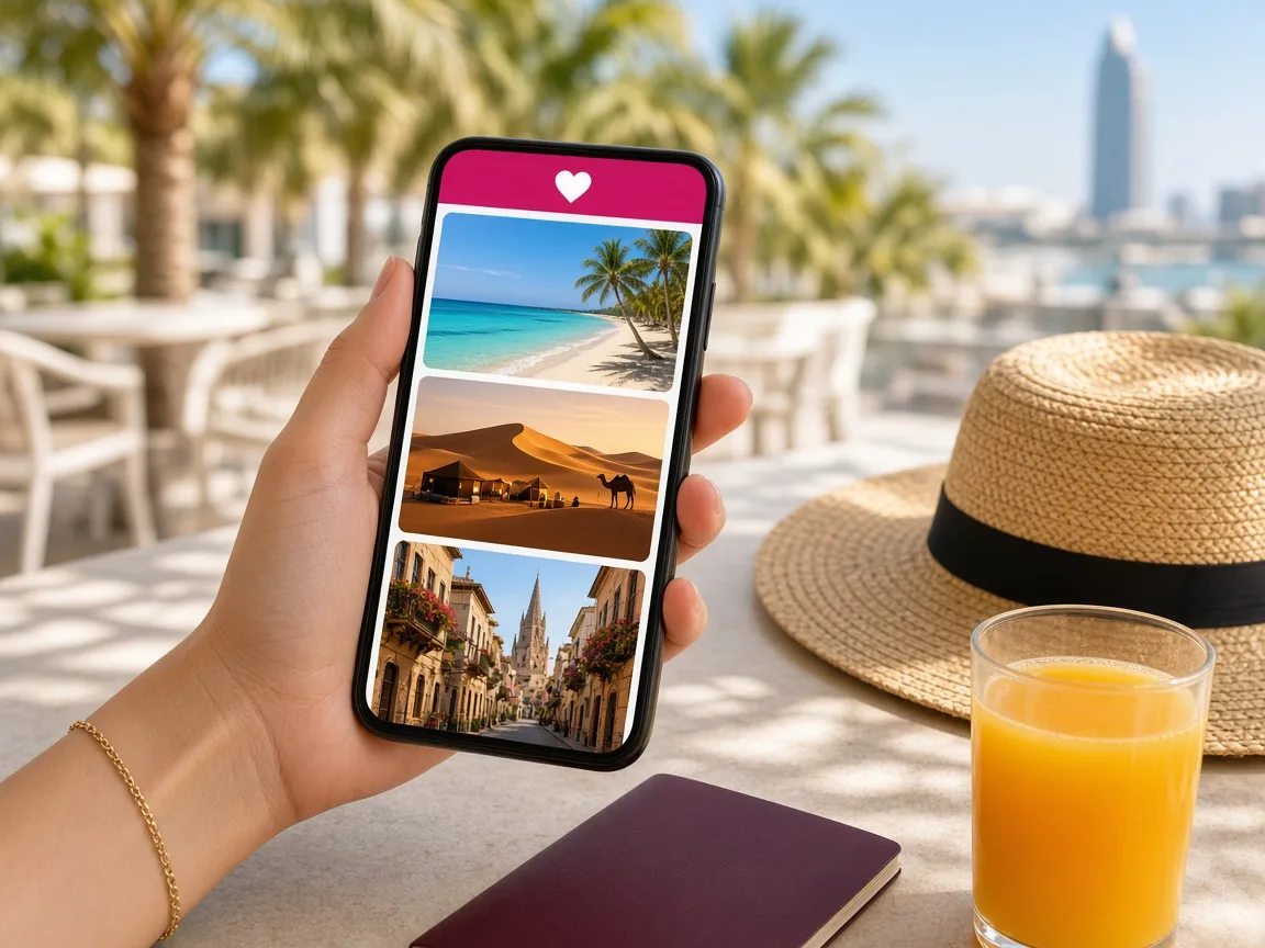 Travel booking mobile application displaying destinations, trip packages, and reservation confirmation screens