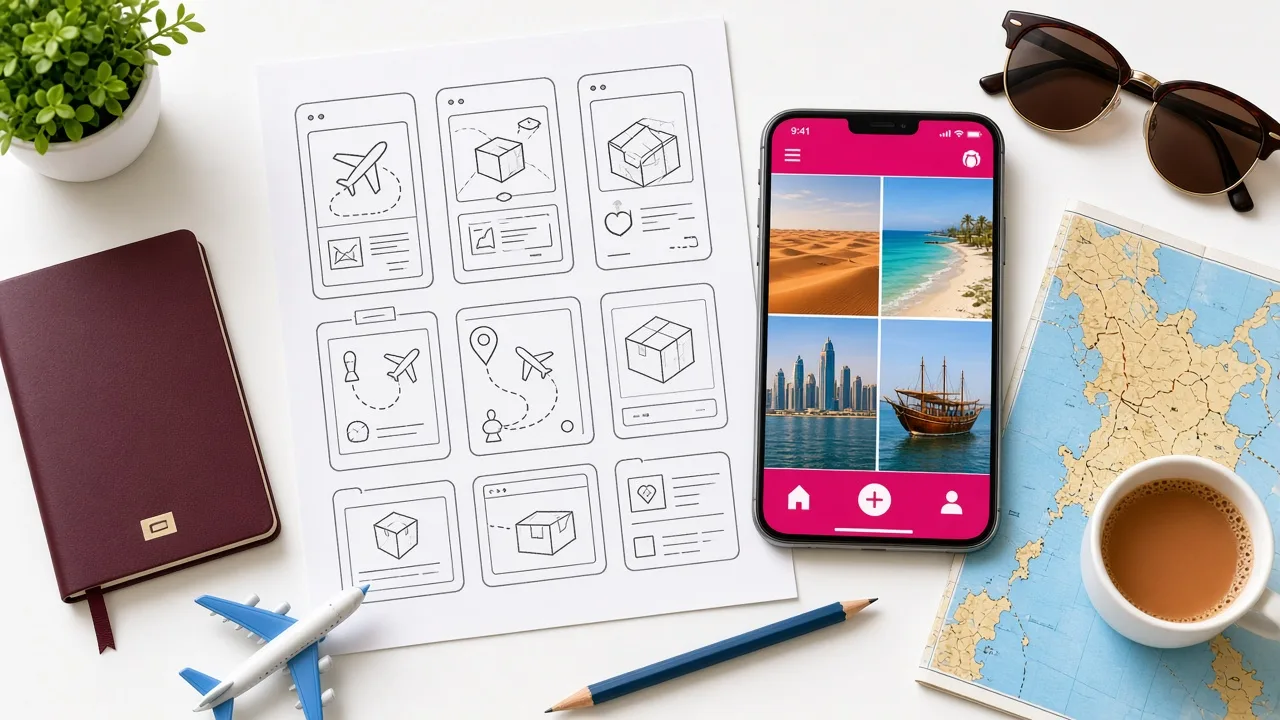 Travel app wireframes sketched beside a smartphone, a passport, and a paper map of Qatar on a desk in Doha