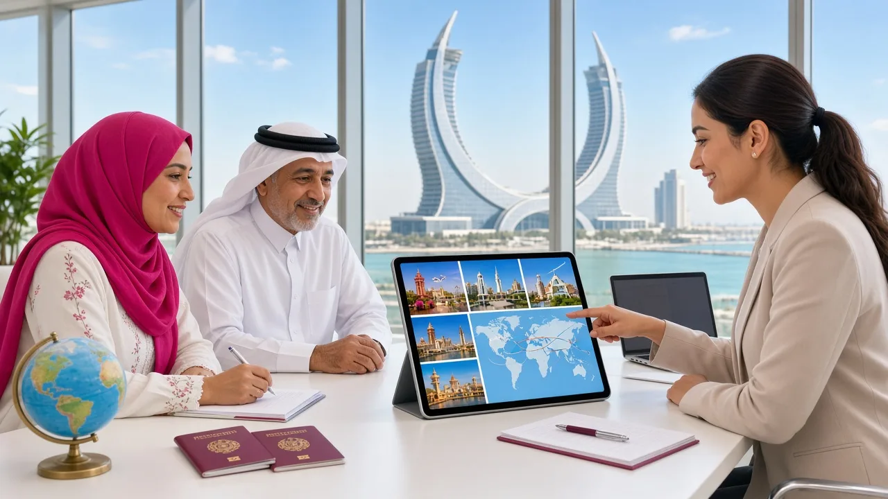 Travel agency owners planning a travel booking platform with a development consultant in a bright Lusail office