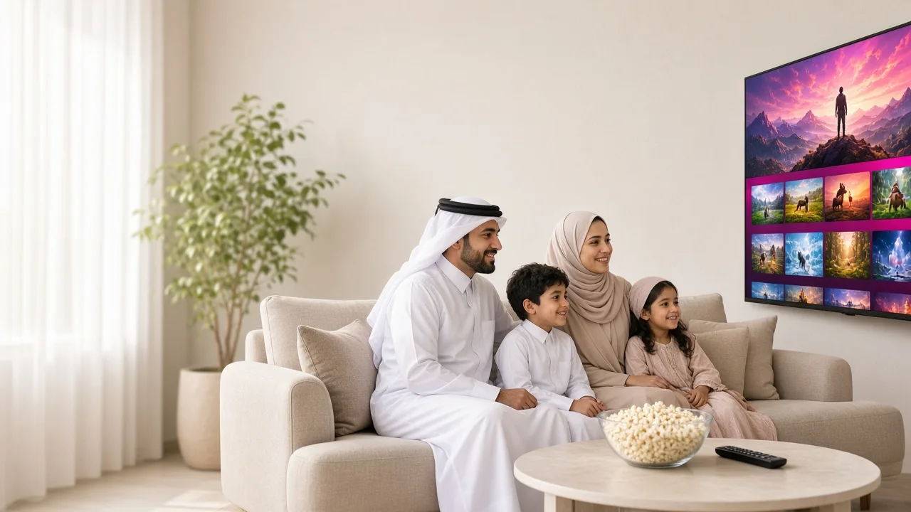 Family enjoying a streaming app on a smart TV in a bright Doha living room, representing a video streaming app development company in Qatar