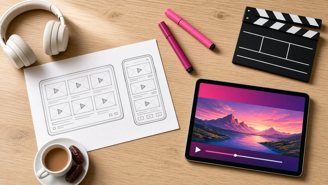 Streaming app wireframes sketched beside a tablet, headphones, and a cup of Arabic coffee on a desk in Doha